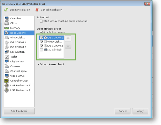 kvm boot order for windows 10 vm