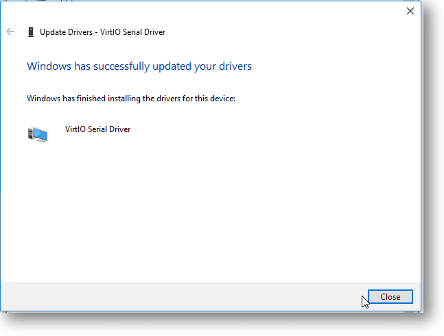Red Hat VirtIO Serial driver installed successfully