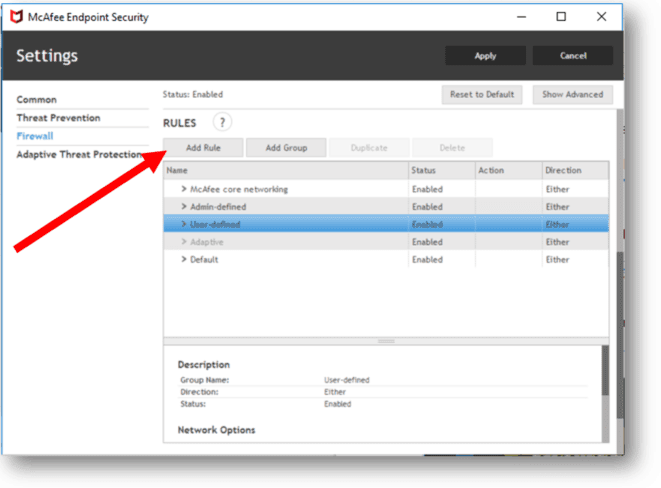 McAfee Endpoint Security firewall add rules