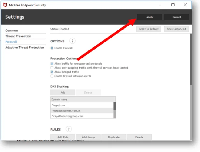 McAfee Endpoint Security firewall apply rules