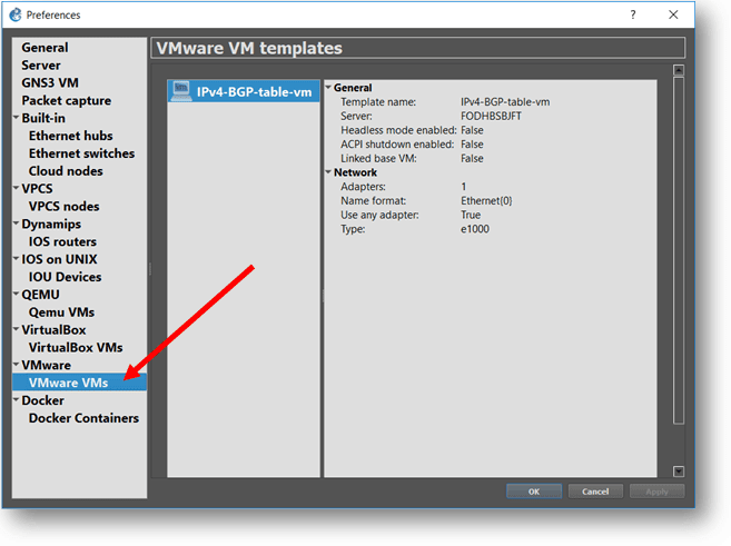 creation of vmware vm in gns3