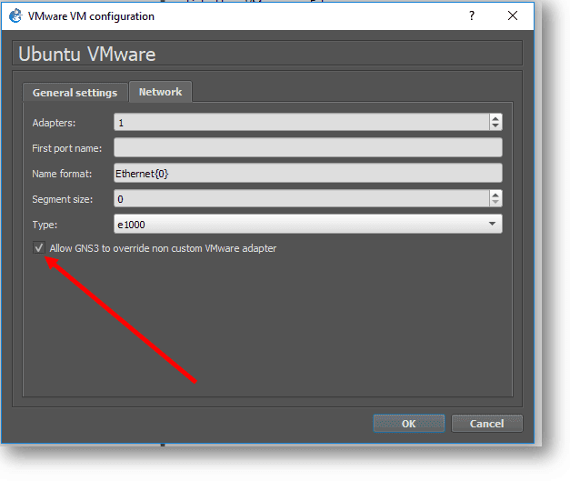 check box allow GNS3 to overried non custom VMware adapter