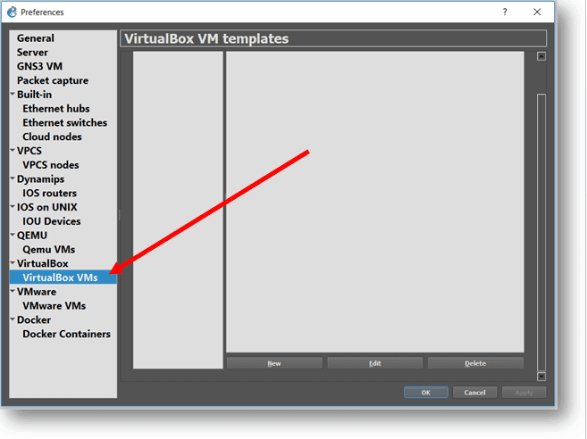 select VirtualBox Vms in gns3 settings