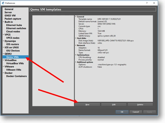 Creation of Qemu VM in gns3