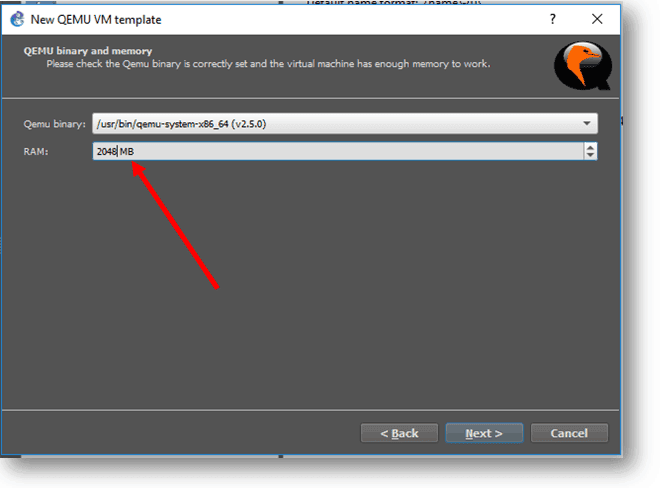 specify the RAM for the qemu VM