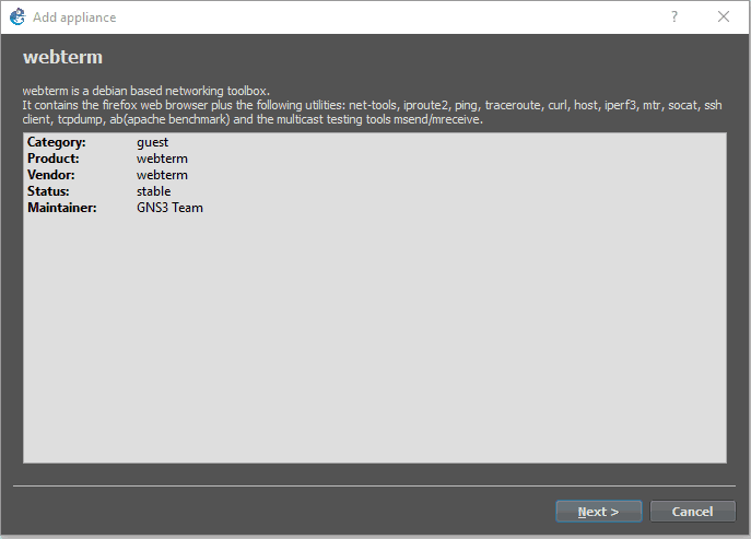 adding webterm appliance to gns3 to test internet connectivity