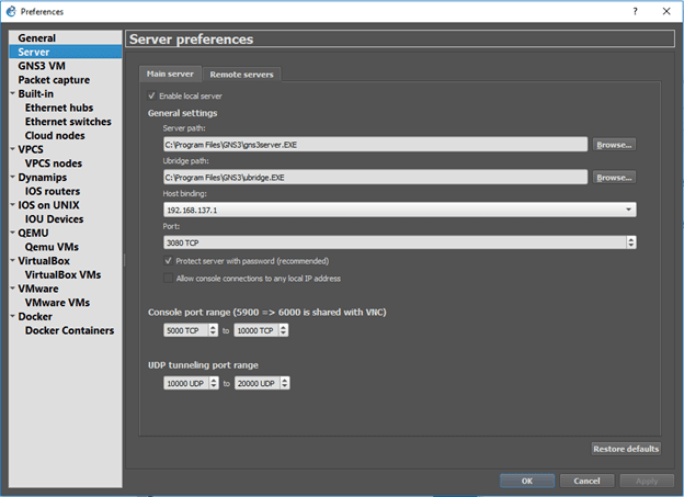 GNS3 server host binding settings