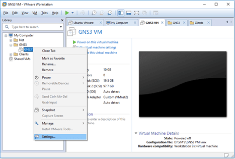 gns3vm vwmare workstation settings