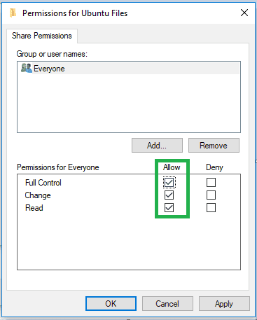 giving sharing permission for windows folder for Ubuntu