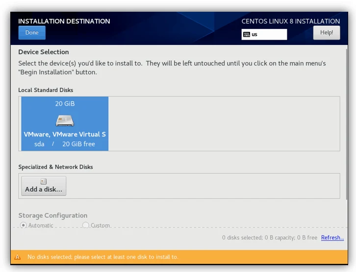 installation destination for centos in vmware workstation.