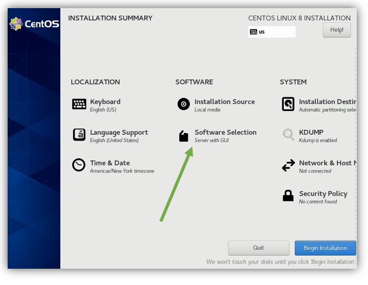 software selection for Centos vmware workstation.