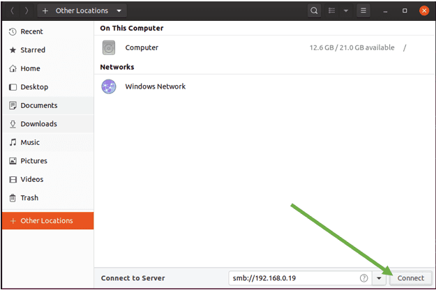 enter smb address to transfer files from windows to ubuntu
