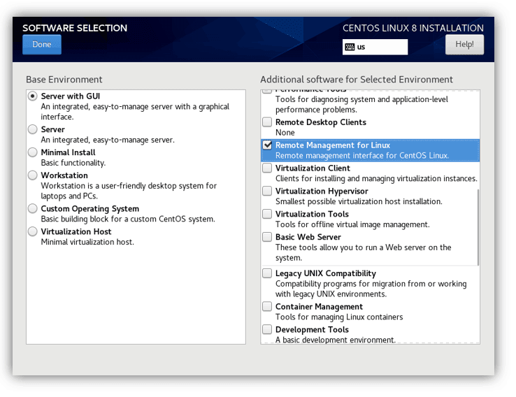 software selection for Centos vmware workstation.