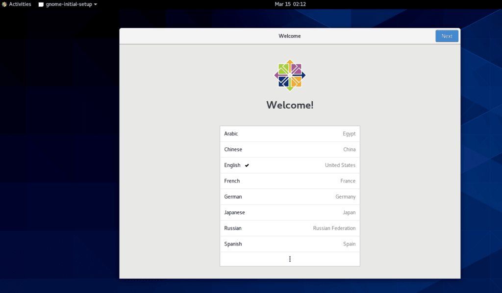 select the language for centos 8