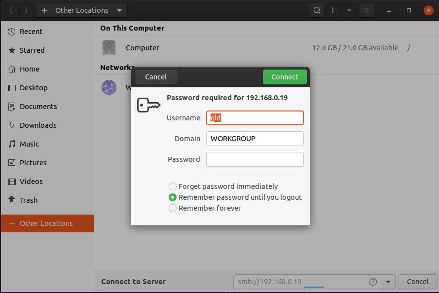 enter the credentials to transfer files from windows to ubuntu