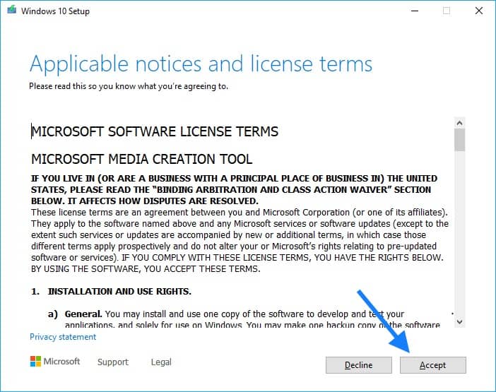 Accept windows 10 iso license aggrement