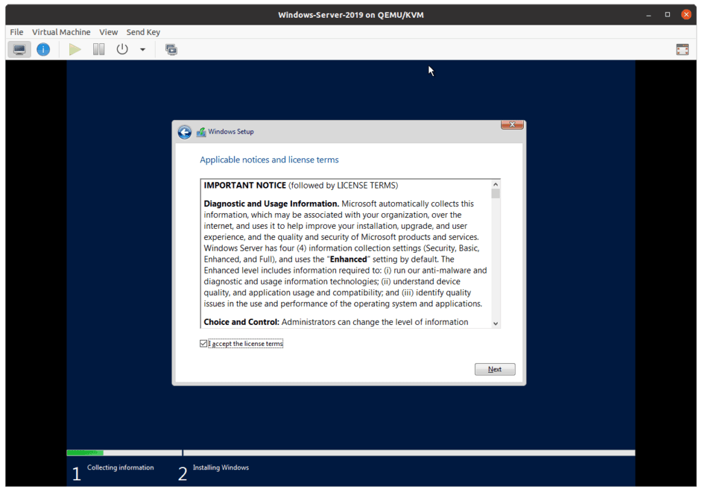 accept the windows server license agreement