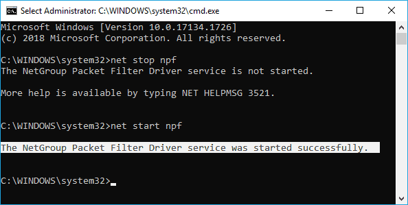 The NPF or NPCAP service is not installed, please install Winpcap or Npcap and reboot