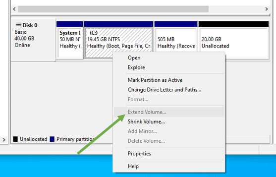 Unable to extend C drive