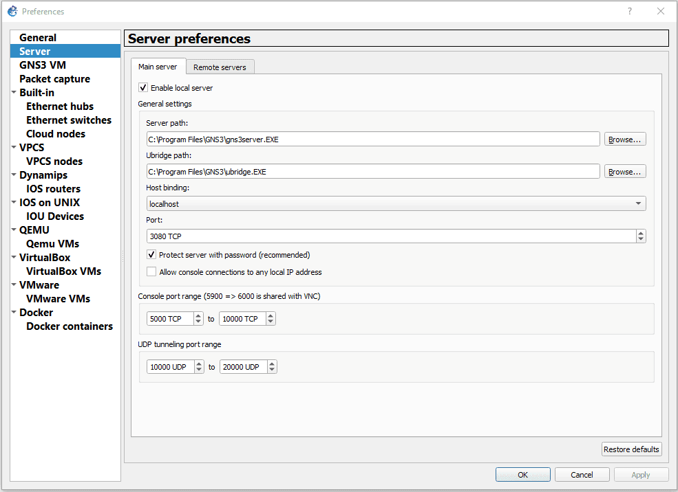 how to setup gns3 local server