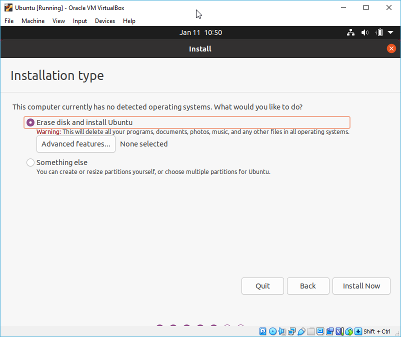 ubuntu vm install wizard - erase disk and install Ubuntu