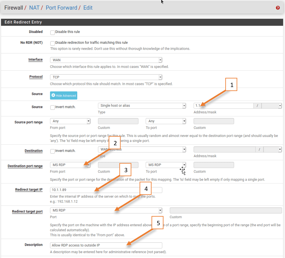 configure port 3389 in pfsense port forwarding