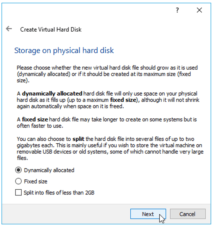 Choose dynamically allocated virtual hard disk for windows 11 in virtualbox