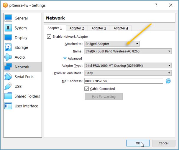 pfsense virtualbox wan interface