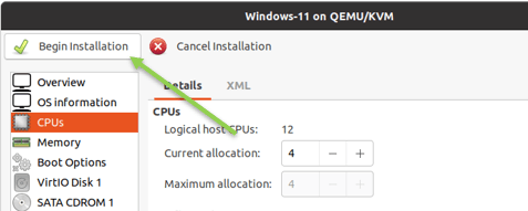 Begin windows 11 installation in KVM.