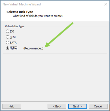 selecte NVMe as the disk type for windows 11 in vmware.