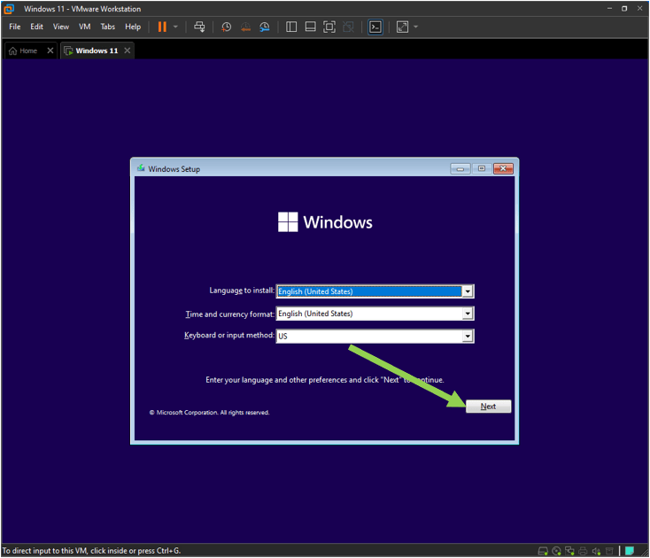 choose windows 11 language in vmware.