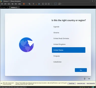 windows 11 initial setup wizard in vmware workstation.