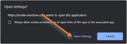 Prompt to open windows insider program settings in windows 10
