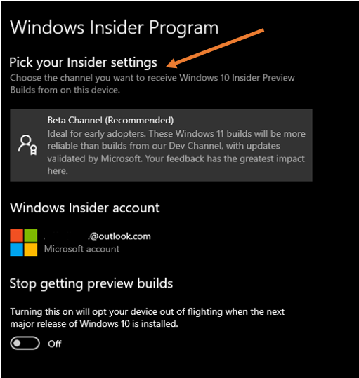 Choose the windows insider program settings