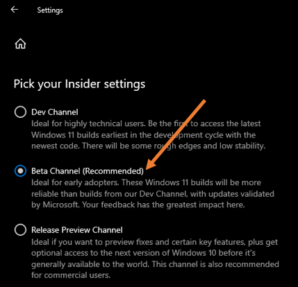 choose the desired windows 11 channel