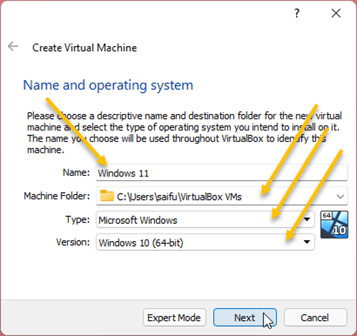 Choose the windows 11 operating system in virtualbox