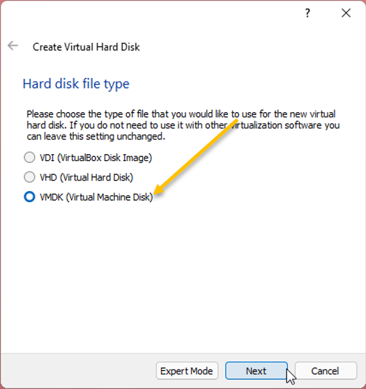 choose the virtual hard disk type for windows 11 in virtualbox