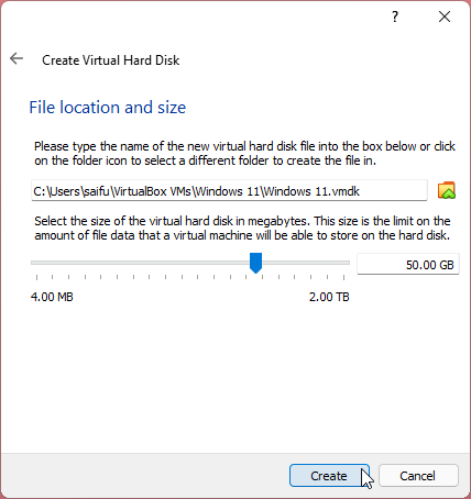 Specify windows 11 virtual hard disk space.
