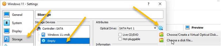 attach windows 11 iso in virualbox