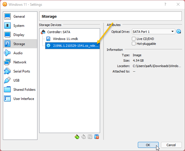 attach windows 11 image to virualbox