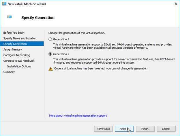 choose the generation of the virtual machine in hyper-v