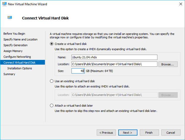 configure the virtual hard disk for ubuntu in hyper-v