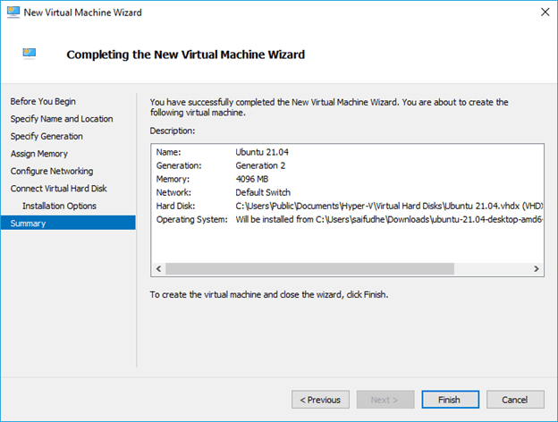 summary of the ubuntu virtual machine in hyper-v